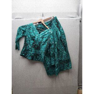 Teal Floral Embroidered Blouse & Skirt Set  Elegant Womens Outfit